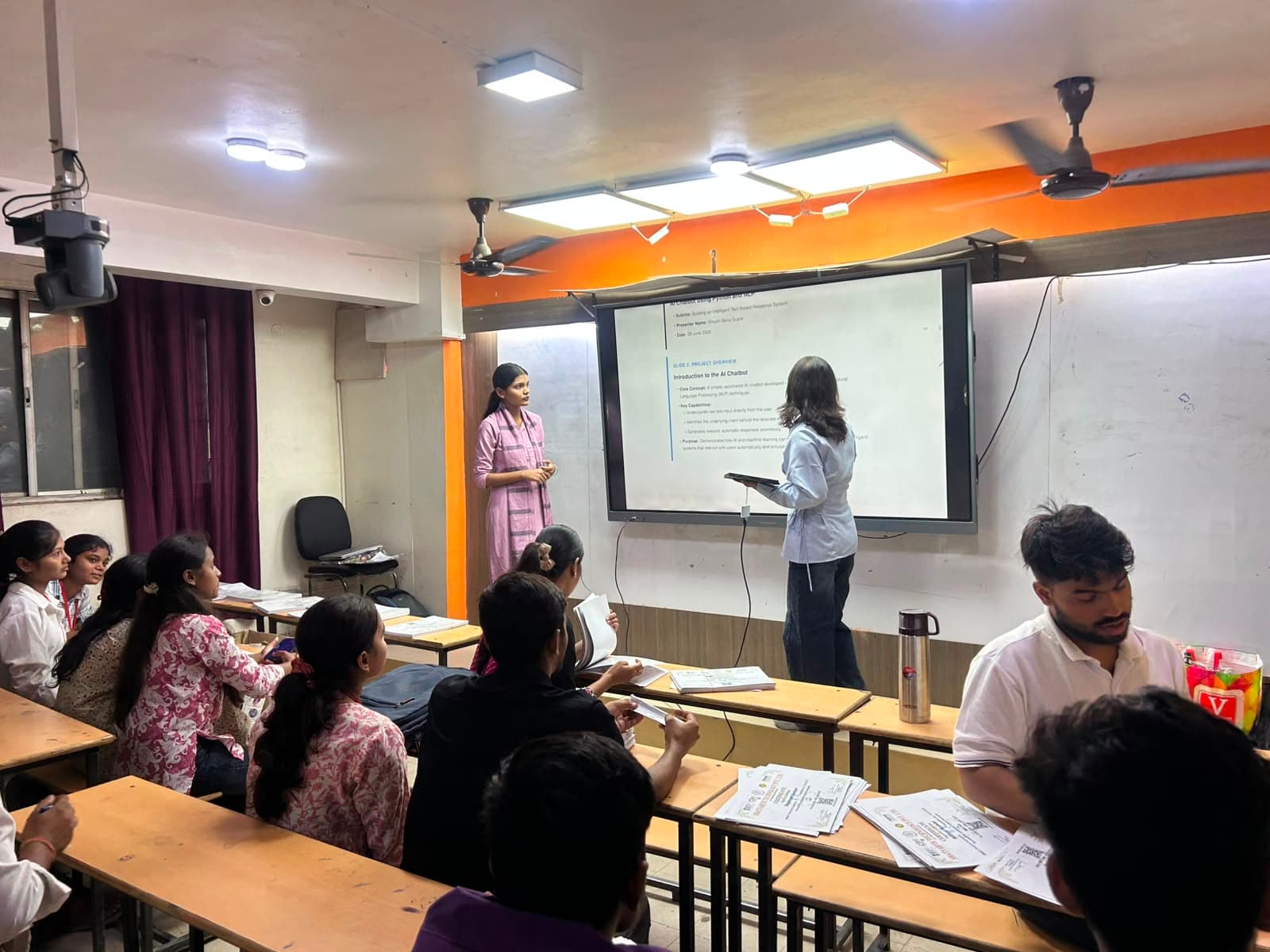 Students presenting an AI chatbot project built with Python and NLP